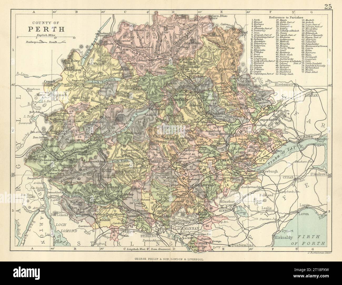 „County of Perth“. Perthshire. Gemeinden. BARTHOLOMEW 1886 alte antike Karte Stockfoto