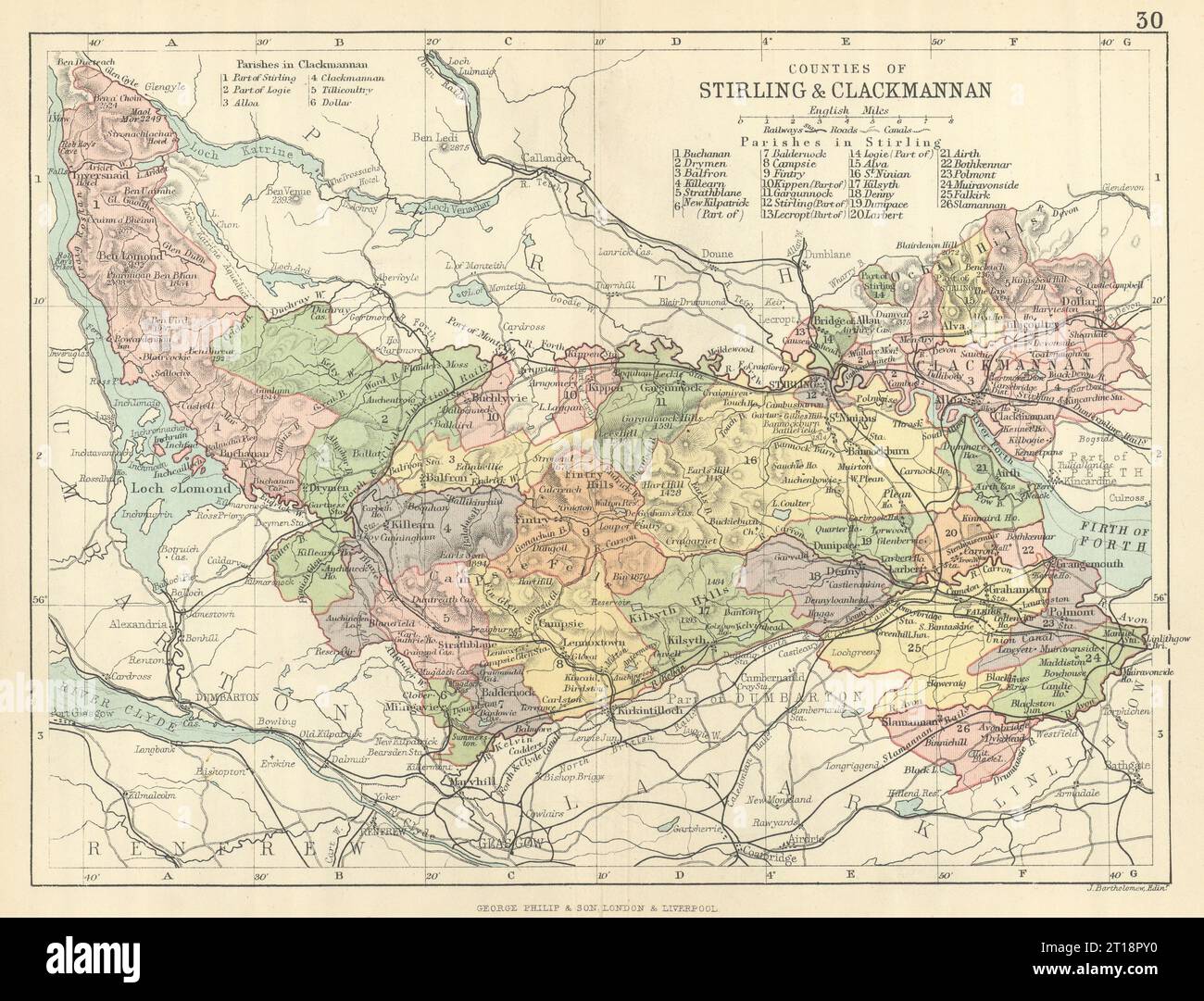 Stirlingshire & Clackmannanshire County. BARTHOLOMEW 1886 alte antike Karte Stockfoto