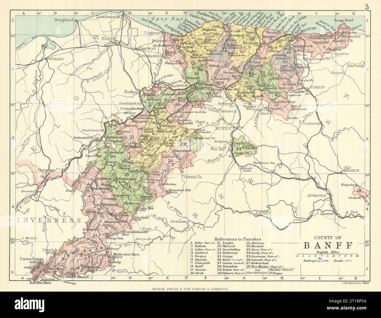 „County of Banff“. Banffshire. Gemeinden. BARTHOLOMEW 1888 alte antike Karte Stockfoto