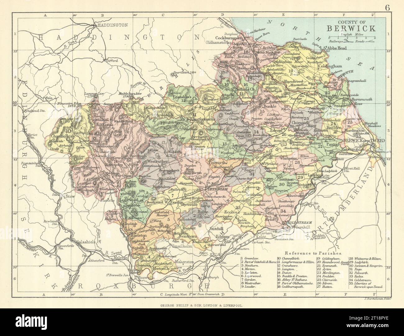 „County of Berwick“. Berwickshire. Gemeinden. BARTHOLOMEW 1888 alte antike Karte Stockfoto