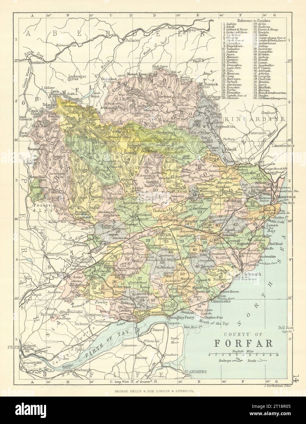 „County of Forfar“. Forfarshire. Gemeinden. BARTHOLOMEW 1888 alte antike Karte Stockfoto