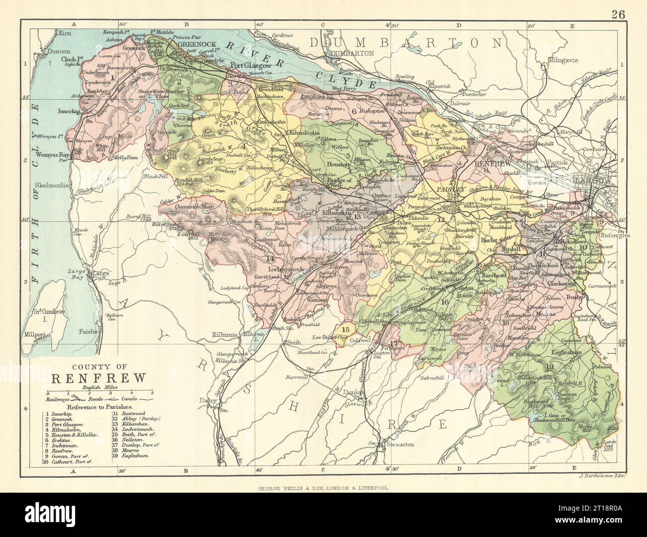 „County Renfrew“. Renfrewshire. Gemeinden. BARTHOLOMEW 1888 alte antike Karte Stockfoto