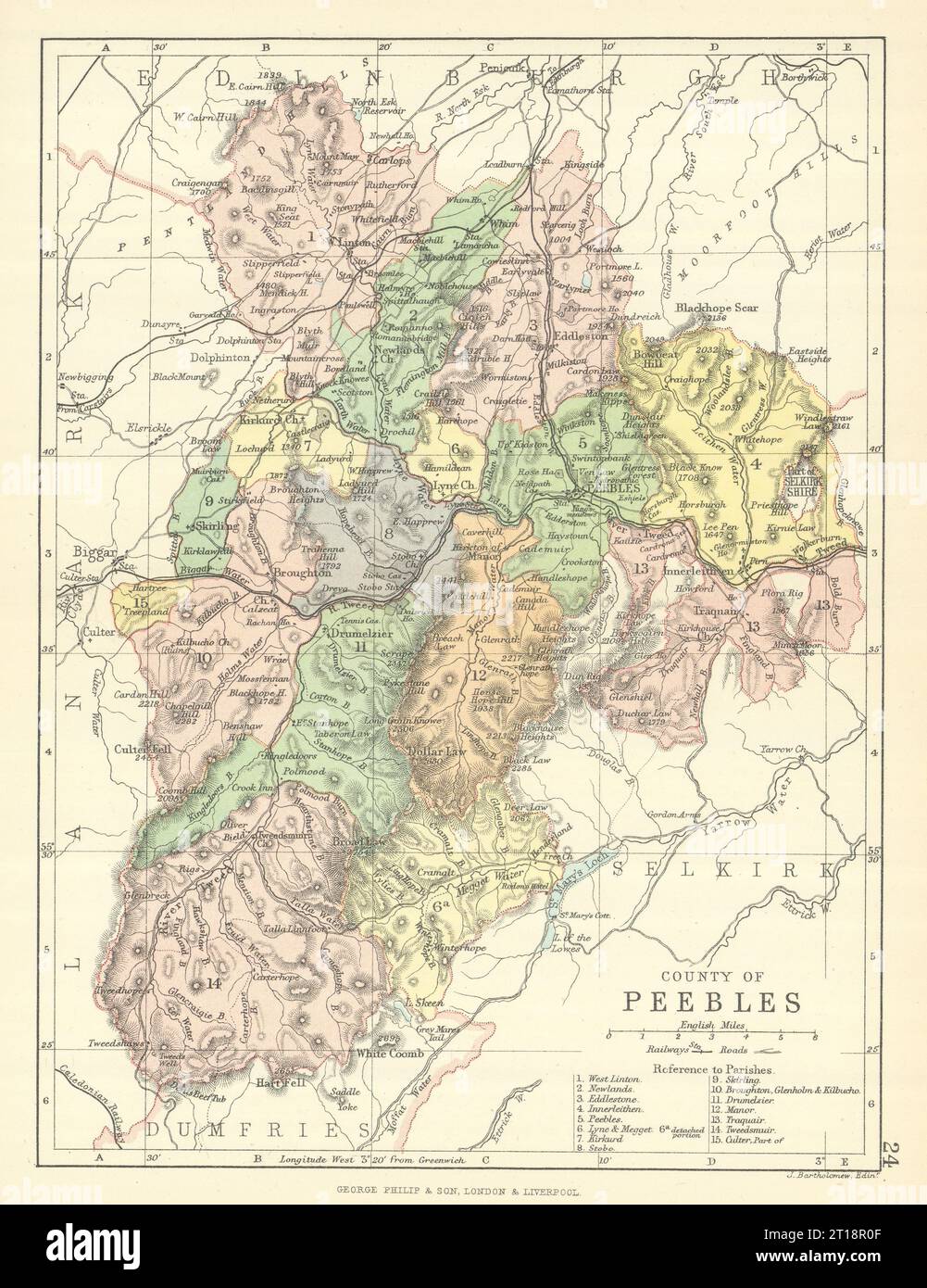 „County of Peebles“. Peeblesshire. Gemeinden. BARTHOLOMEW 1888 alte antike Karte Stockfoto