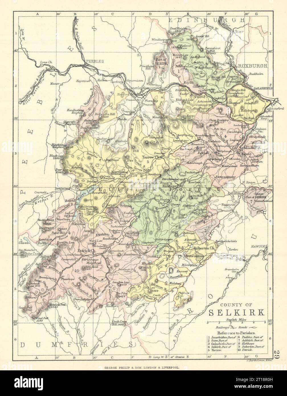 „Grafschaft Selkirk“. Selkirkshire. Gemeinden. BARTHOLOMEW 1888 alte antike Karte Stockfoto
