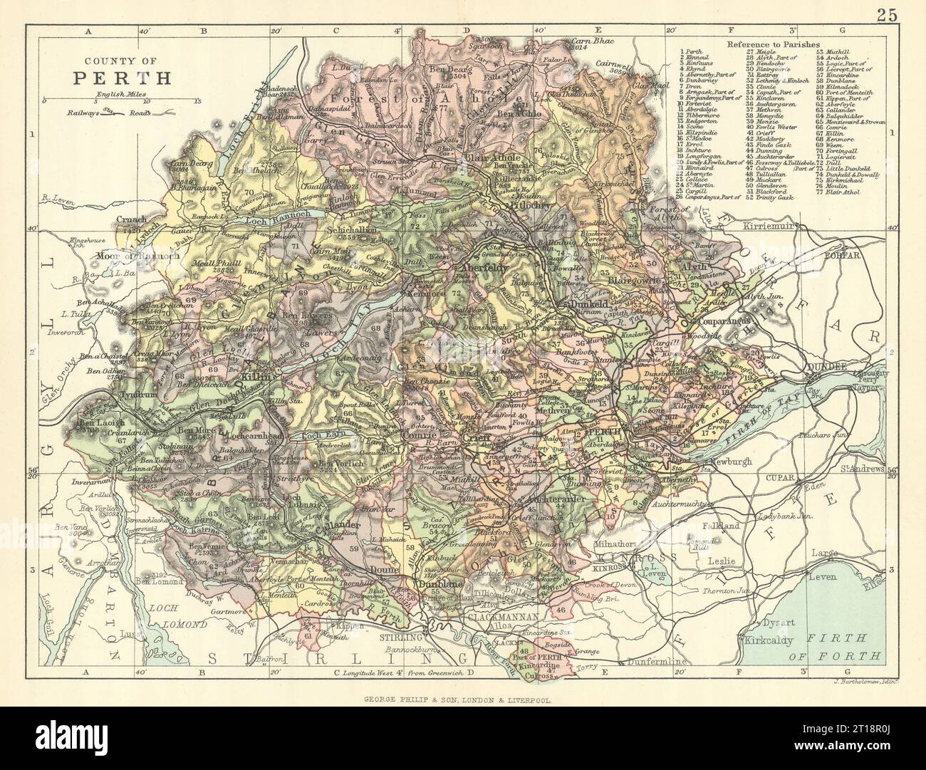 „County of Perth“. Perthshire. Gemeinden. BARTHOLOMEW 1888 alte antike Karte Stockfoto