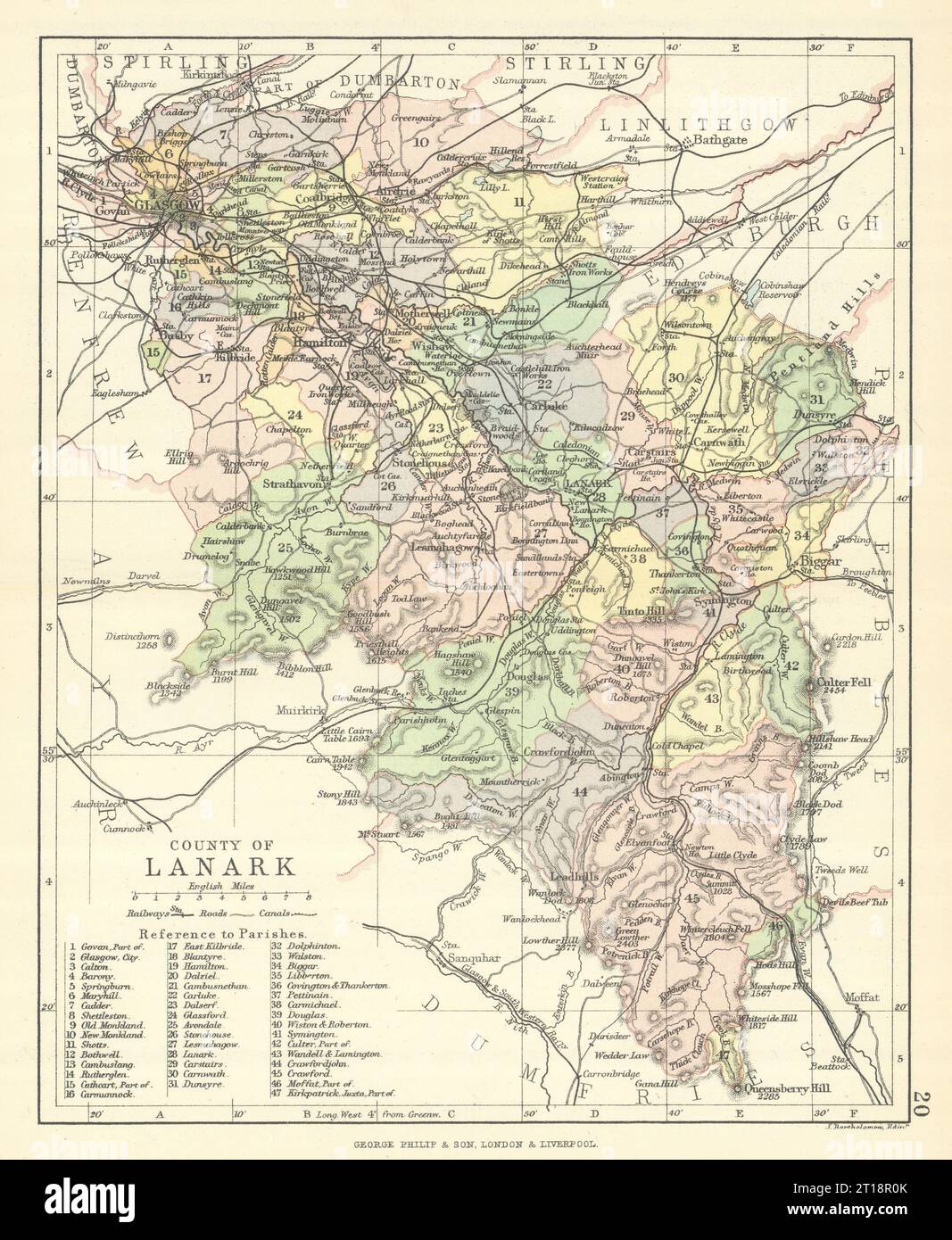 „County of Lanark“. Lanarkshire. Gemeinden. BARTHOLOMEW 1888 alte antike Karte Stockfoto