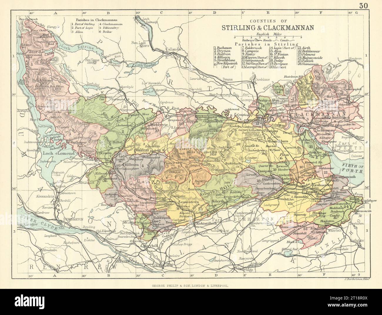 Stirlingshire & Clackmannanshire County. BARTHOLOMEW 1888 alte antike Karte Stockfoto
