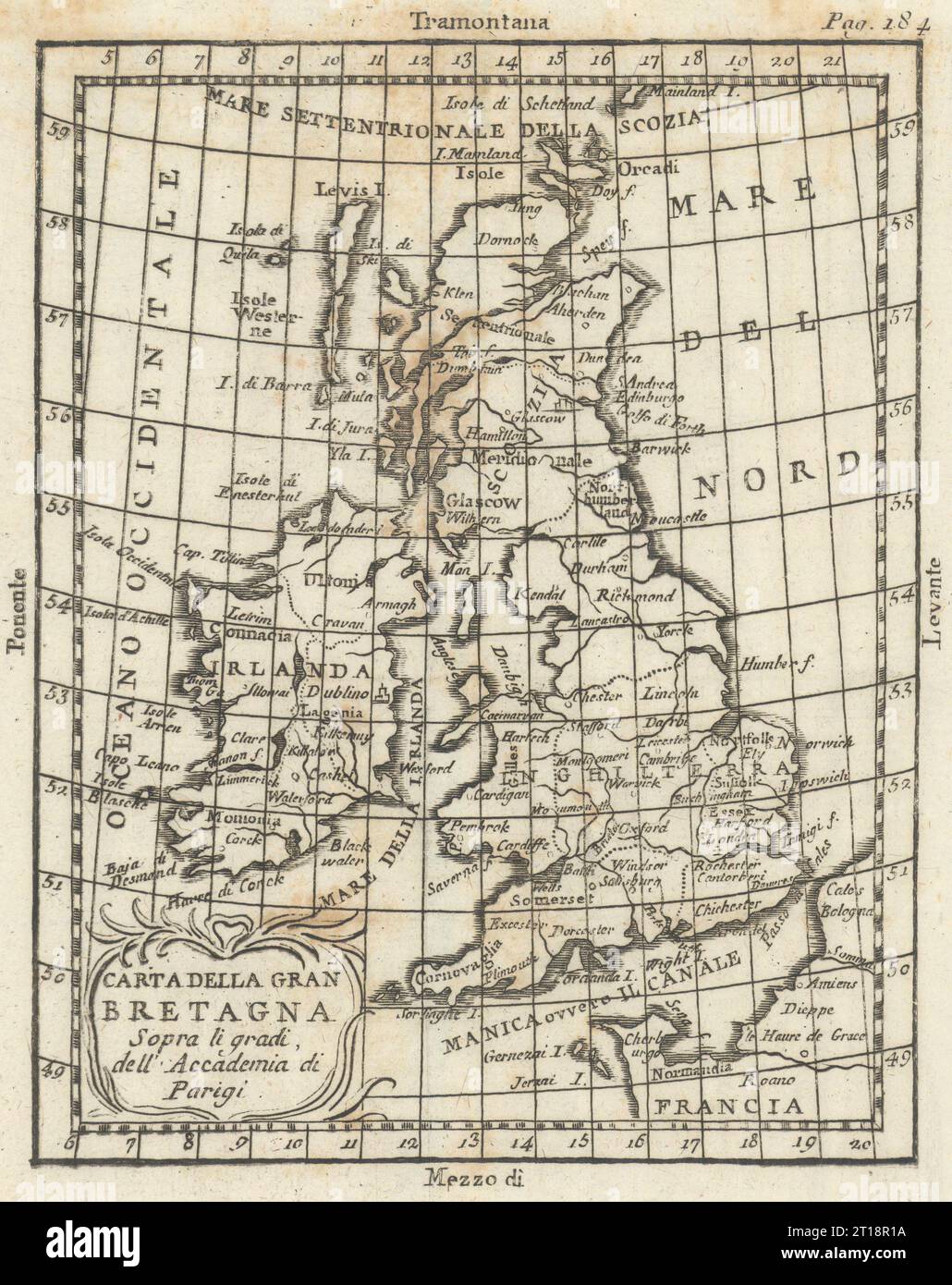 "Carta Della Gran Bretagna". Britische Inseln antike Karte von Claudio Buffier 1788 Stockfoto