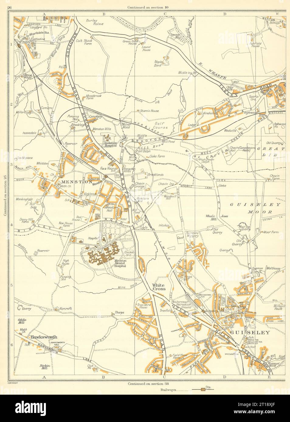 GUISELEY Otley Guiseley Moor Hawksworth Menston Whale Hill White Cross 1935 Karte Stockfoto