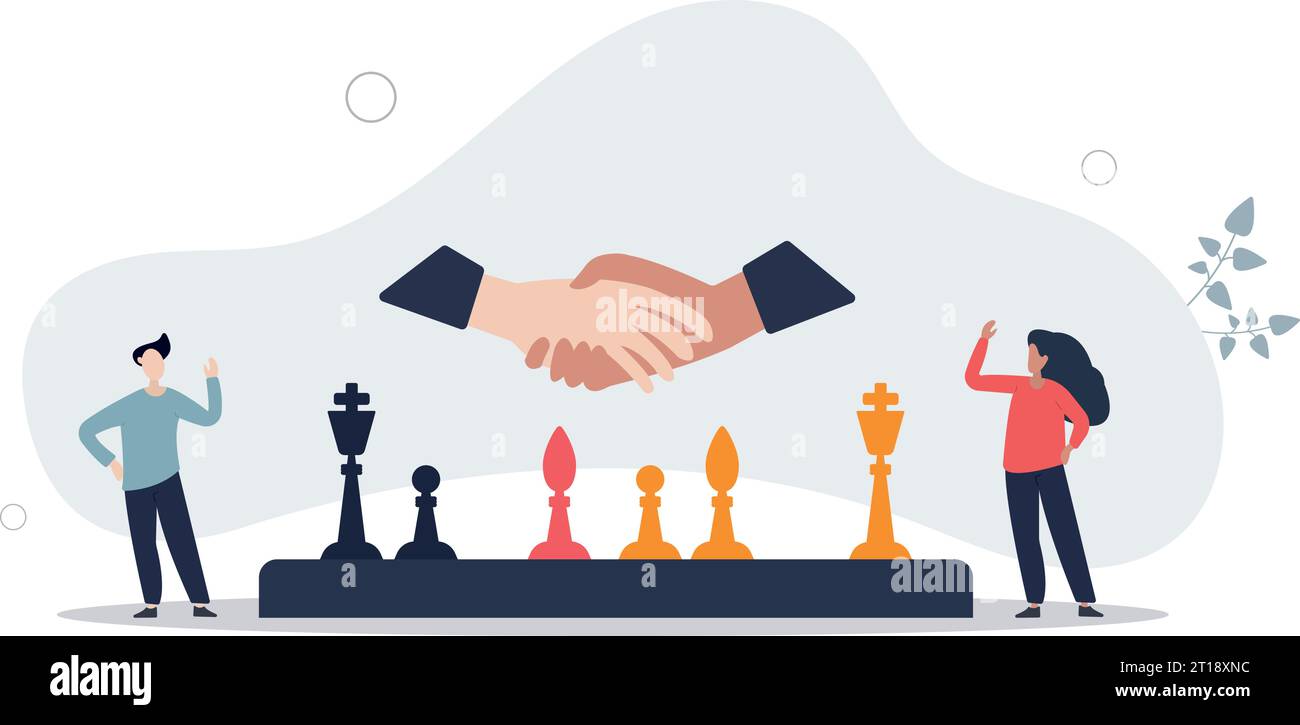 Konfliktlösung im Geschäft mit intelligenter Taktik und Strategie. Gelöst Problem mit Vereinbarung, Abschluss und abschließendem Handschlag als professionelle Challenge Solu Stock Vektor