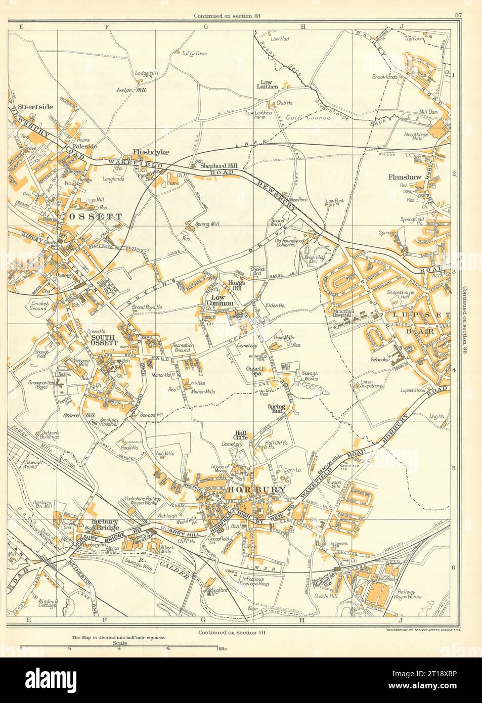 WAKEFIELD Horbury Ossett Flanshaw Lupset Bar Calder 1935 alte Karte Stockfoto