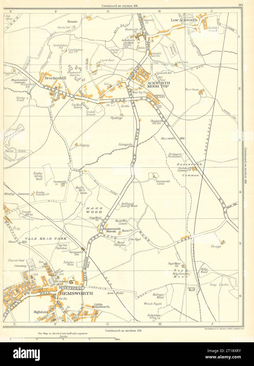 YORKS Hemsworth Vale Head Park Ackworth Moor Top Brackenhill Kinsley 1935 Karte Stockfoto