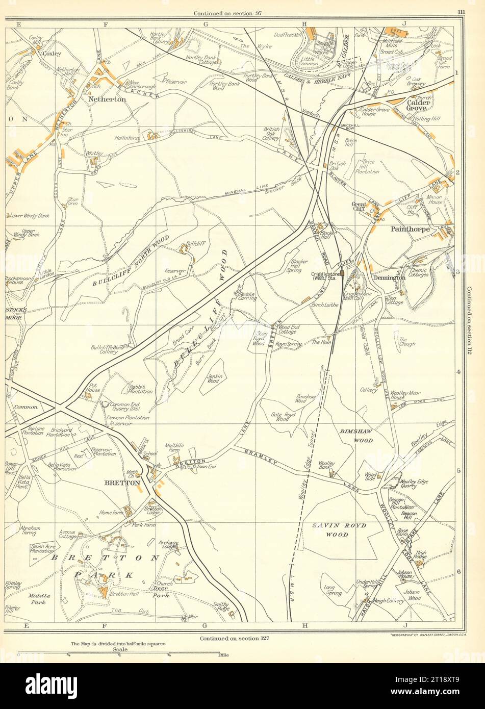 YORKSHIRE Bretton Netherton Painthorpe Calder Grove Crigglestone 1935 alte Karte Stockfoto
