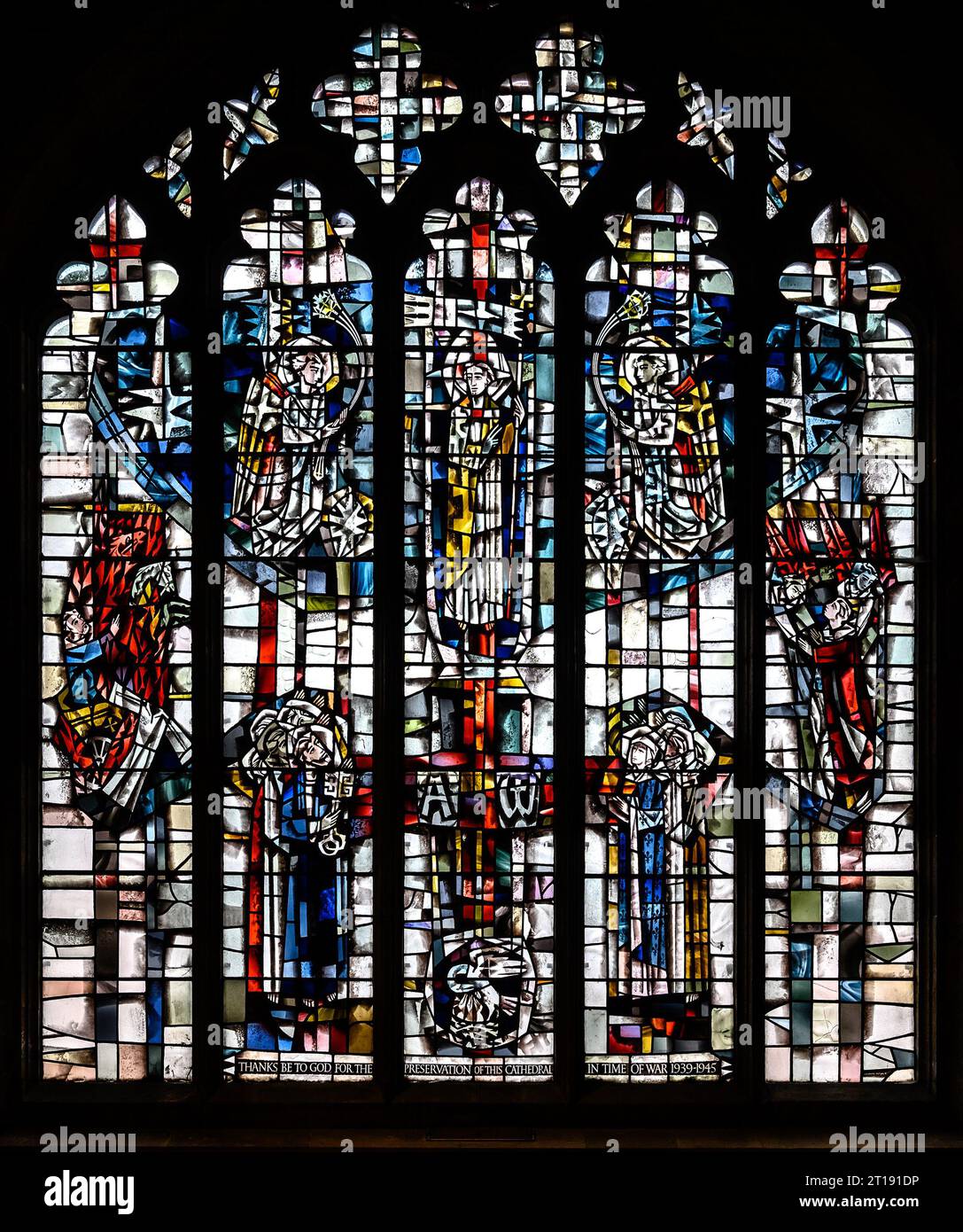 St. Nicholas Cathedral Church, Newcastle upon Tyne, Großbritannien. 20thC Buntglas (Leonard Evetts: 1962) in der Kapelle der Himmelfahrt Stockfoto