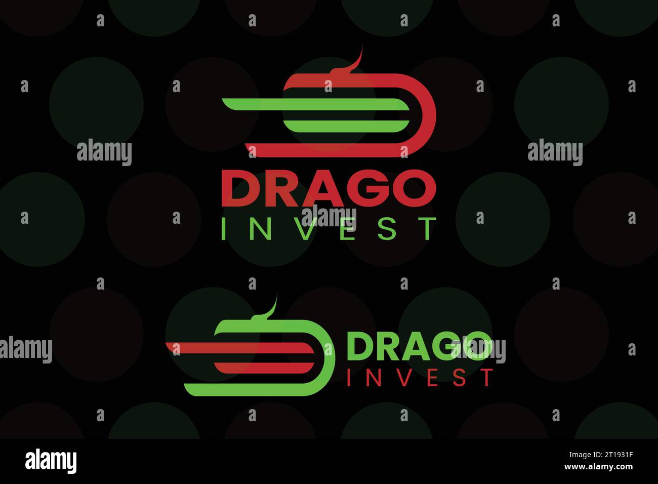 Design des Drago Invest Business Logos. Diagramm der erniedrigten Pfund-Rate. Flache Ausführung. Grün und Rot mit ovaler Form. Drago Invest Logo. Stock Vektor