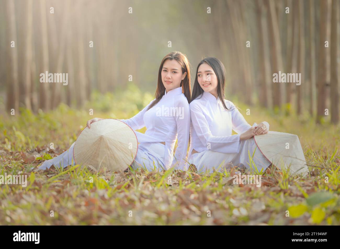 Zwei Frauen in traditionellen vietnamesischen Tunika-Kleidern (ao dai) und Hüten (non la) sitzen Rücken an Rücken in einem Wald, Vietnam Stockfoto