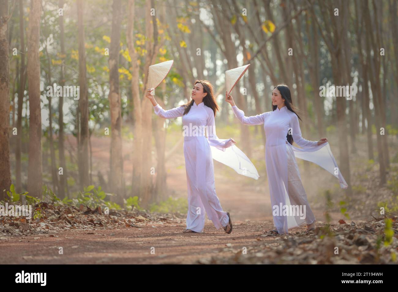 Zwei Frauen in traditionellen vietnamesischen Tunika-Kleidern (ao dai) und Hüten (non la) laufen in einem Wald, Vietnam Stockfoto