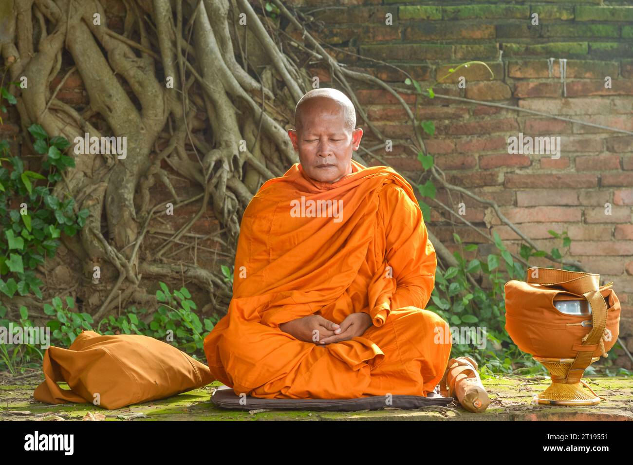 Buddhistischer Mönch in einem traditionellen orangenen Gewand (Kasaya), der in einem Garten sitzt und meditiert, Thailand Stockfoto