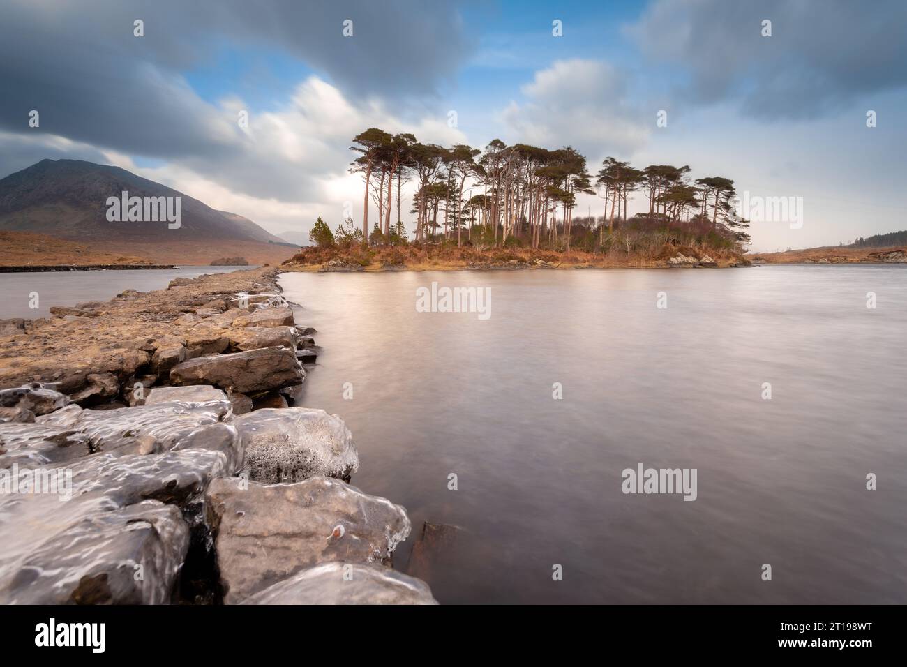 Pine Island im Herzen des Connemara-Nationalparks während des Sturms Ophelia Stockfoto