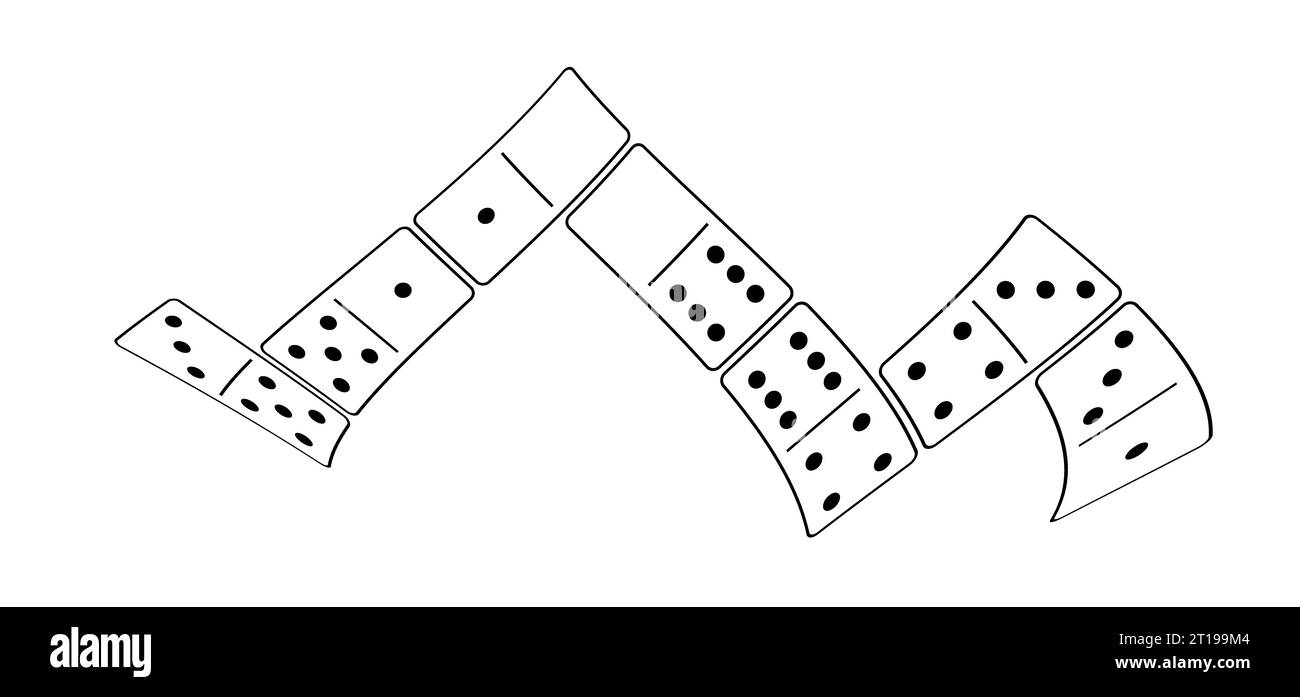 Cartoon Domino Fliesen. Klassische Dominos, Dominos Piktogramm. Spielen, Teile des Spiels voller Knochen. Schwarz, weiß Domino. Flacher Vektorsatz. 28 Stück. Stockfoto