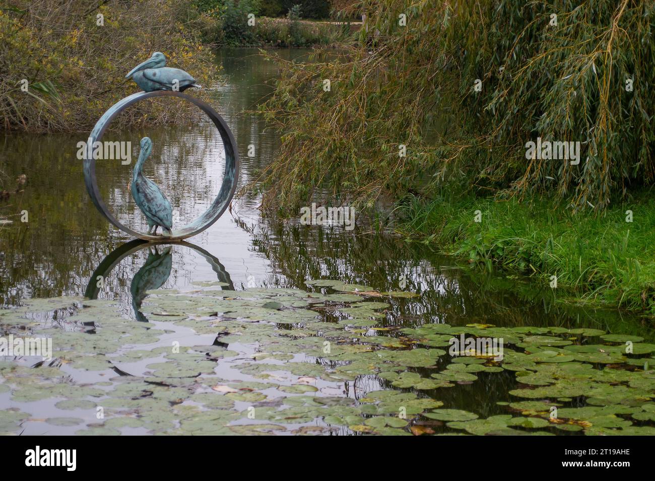 Dorchester, Großbritannien. Oktober 2023. Pelikane von Simon Gudgeon. Die wunderschöne und ruhige Umgebung von Scuplture by the Lakes at Pallington Lakes in Dorchester, Dorset. Die ehemaligen Fischseen wurden 2007 vom Bildhauer Simon Gudgeon und seiner Frau Linda übernommen. „Beschrieben als eine der schönsten und einzigartigsten Orte in Großbritannien. Mit über 120 Werken, die sich über dem Skulpturenpark befinden, ist es ein Ort, an dem Sie Kunst und Landschaft nahtlos miteinander verbinden können. Hier können Sie Ihr geschäftiges Leben hinter sich lassen und Ruhe in einer wunderschönen und ruhigen Umgebung genießen Stockfoto