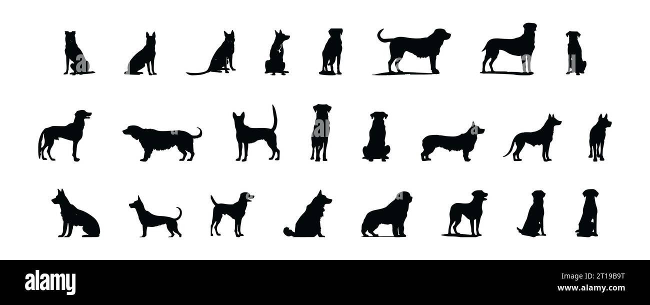 Satz von schwarzen Silhouetten Hund isoliert auf weißem Hintergrund, Vektor-Illustration Stock Vektor