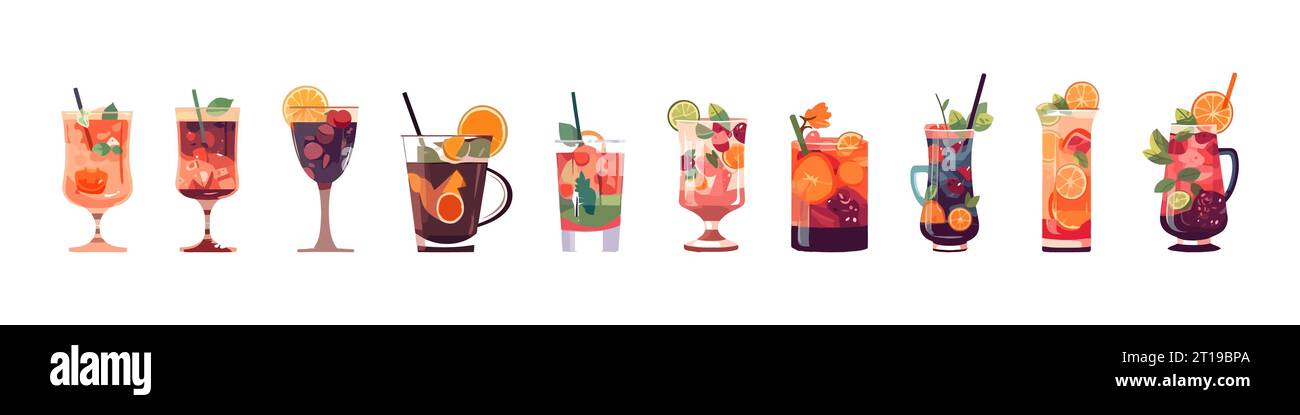 Set von Alkohol-Cocktails, flacher Zeichentrick isoliert auf weißem Hintergrund. Vektorabbildung Stock Vektor