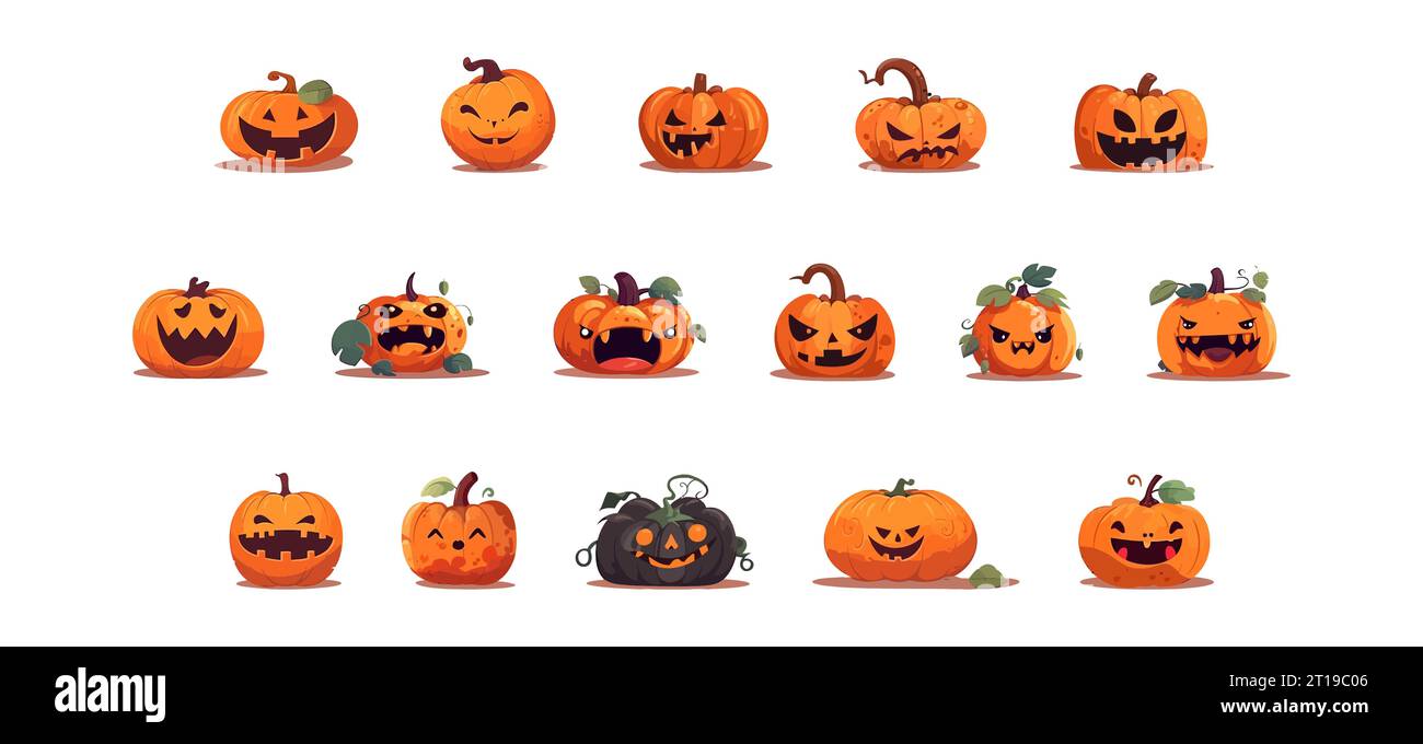 Halloween Kürbis Set flacher Zeichentrick isoliert auf weißem Hintergrund. Vektorabbildung Stock Vektor