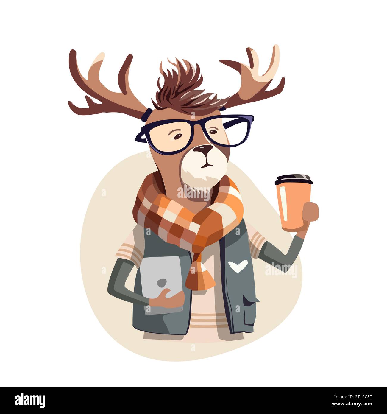 Anthropomorphe Hipster-Hirsche, die Kaffee halten. Illustration des flach gezeichneten Vektors auf weißem Hintergrund Stock Vektor
