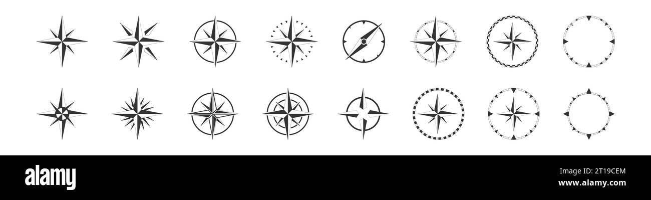 Kompass-Geografie: Schwarzes Symbol. Windrose mit Richtungssymbolen. Globales Positionierungssystem. Isolierte Vektordarstellung Stock Vektor