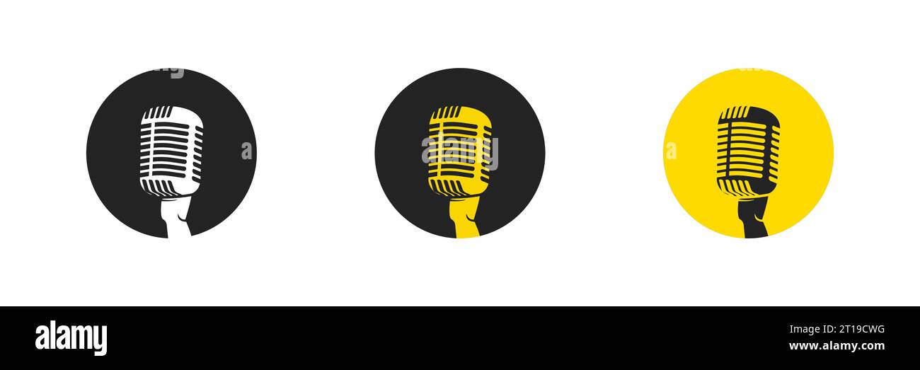 Altes Retro-Mikrofon. Symbol-Podcast auf rundem Rahmen. Gelbes und schwarzes Mikrofonsymbol. Vektor-isolierte Abbildung Stock Vektor