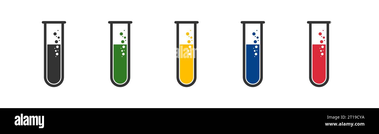 Reagenzglas. Wissenschaftliche Forschung, chemisches Experiment, medizinische Elemente Farbsymbole Set. Vektor-isolierte Abbildung Stock Vektor