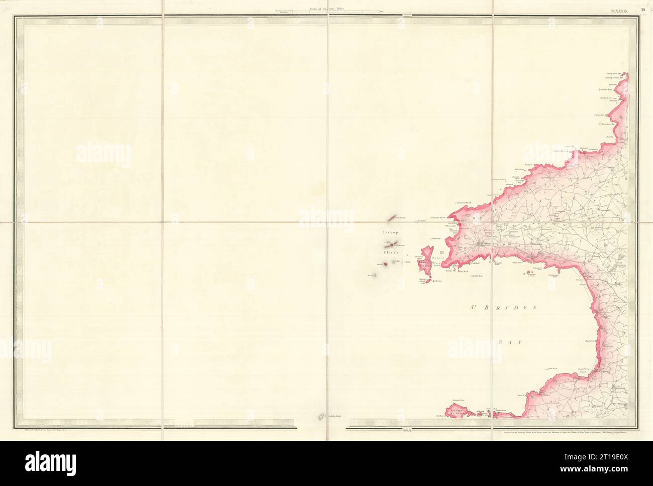 OS #39 St Bride's Bay. Smalls Light Bishop & Clerks Pembrokeshire Coast 1820 Karte Stockfoto