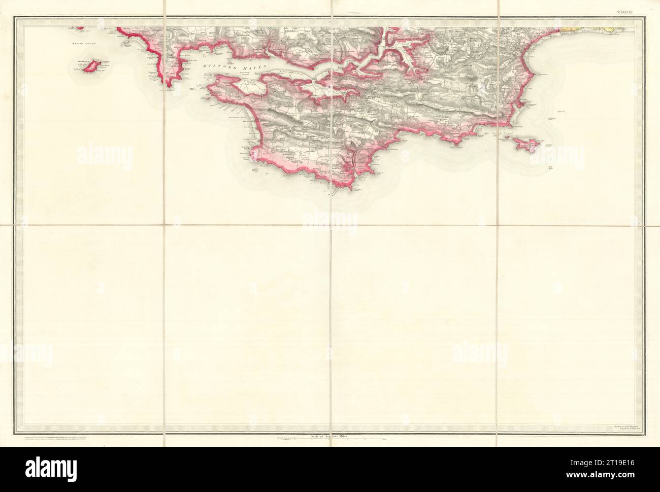 OS #38 Milford Haven & South Pembrokeshire Coast. Pembroke Dock Tenby 1839 Karte Stockfoto