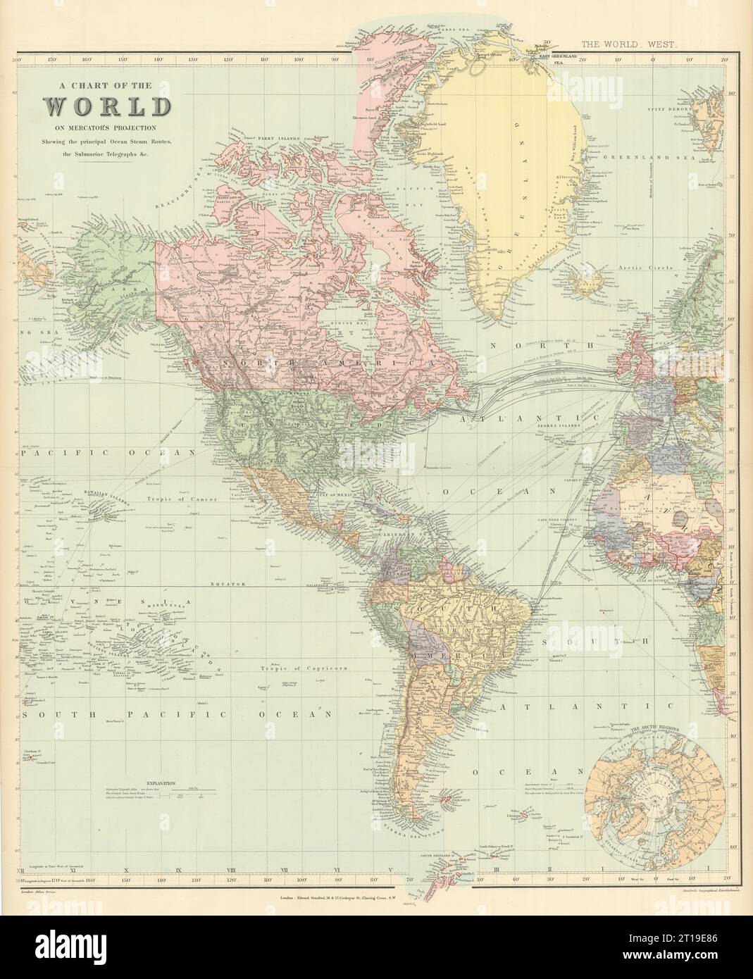 Welt auf Mercators Projektion. Westblech. Amerika. 67 x 55 cm. STANFORD 1894 Karte Stockfoto