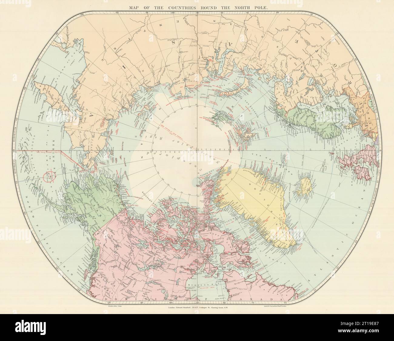 Arktische Regionen. Nordpol. Reisedaten für Entdecker. Nansen. STANFORD 1894 Karte Stockfoto