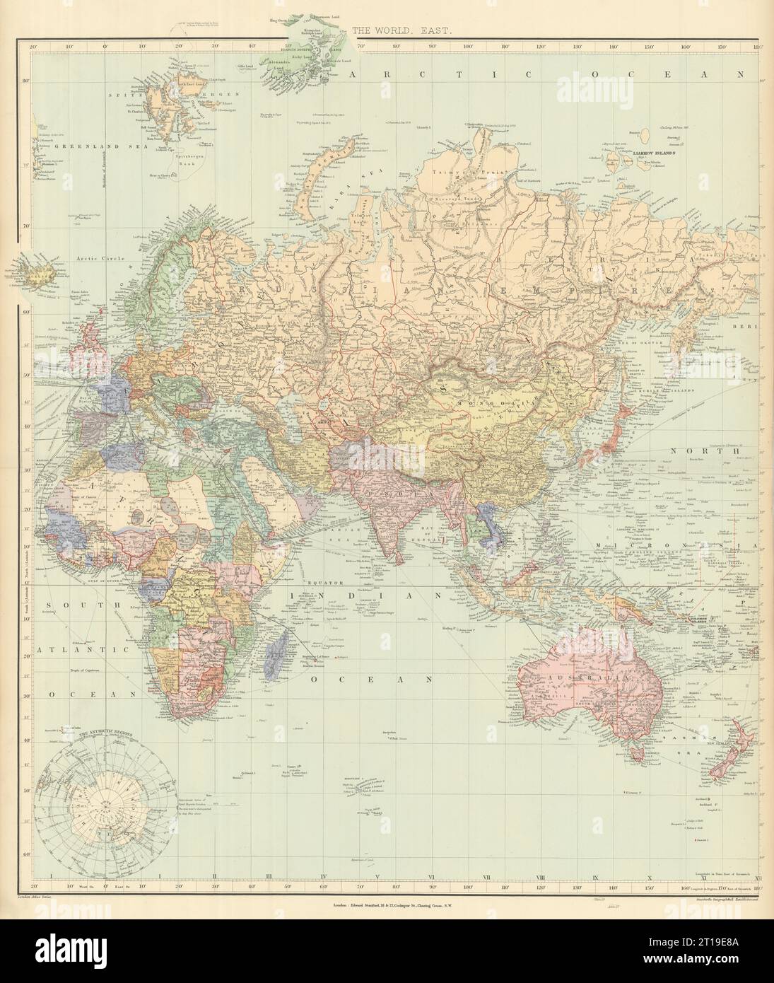 Welt auf Mercators Projektion. Östliches Blatt. Europa Asien Afrika STANFORD 1894 Karte Stockfoto