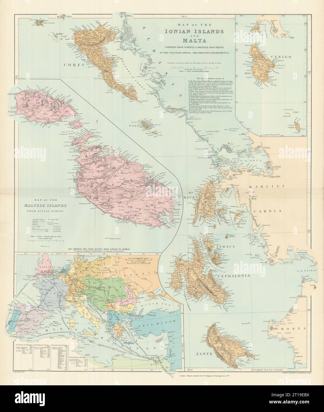 Ionische Inseln Und Malta. Korfu Zante Kefalonia Kythira Lefkada. STANFORD 1894 Karte Stockfoto