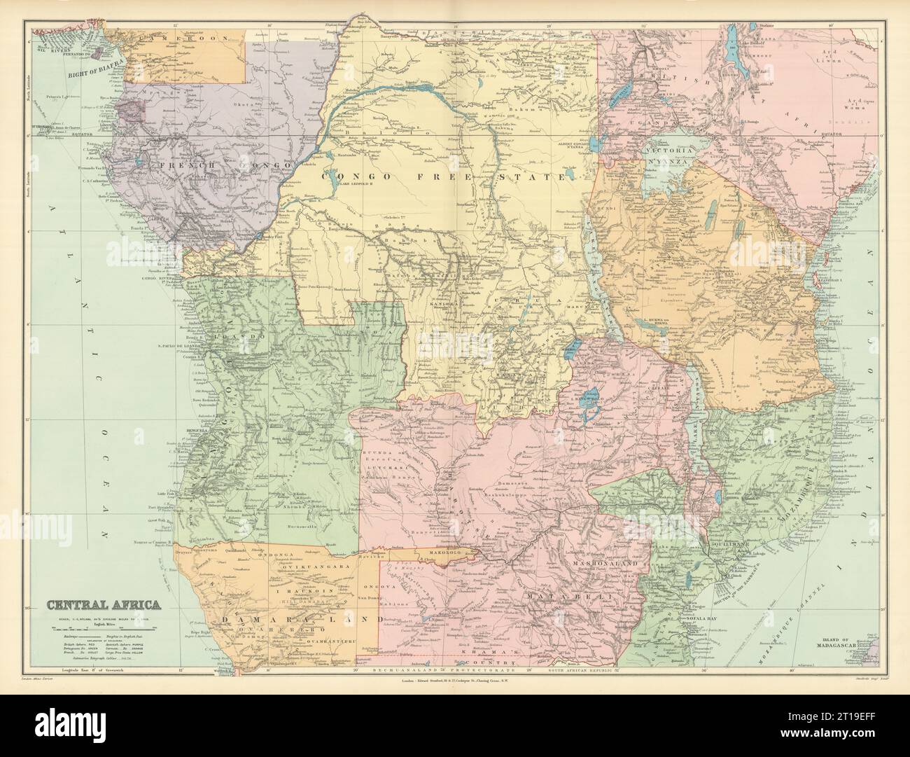Zentralafrika. Kongo Freistaat Rhodesien Deutsch-Ostafrika. STANFORD 1894 Karte Stockfoto
