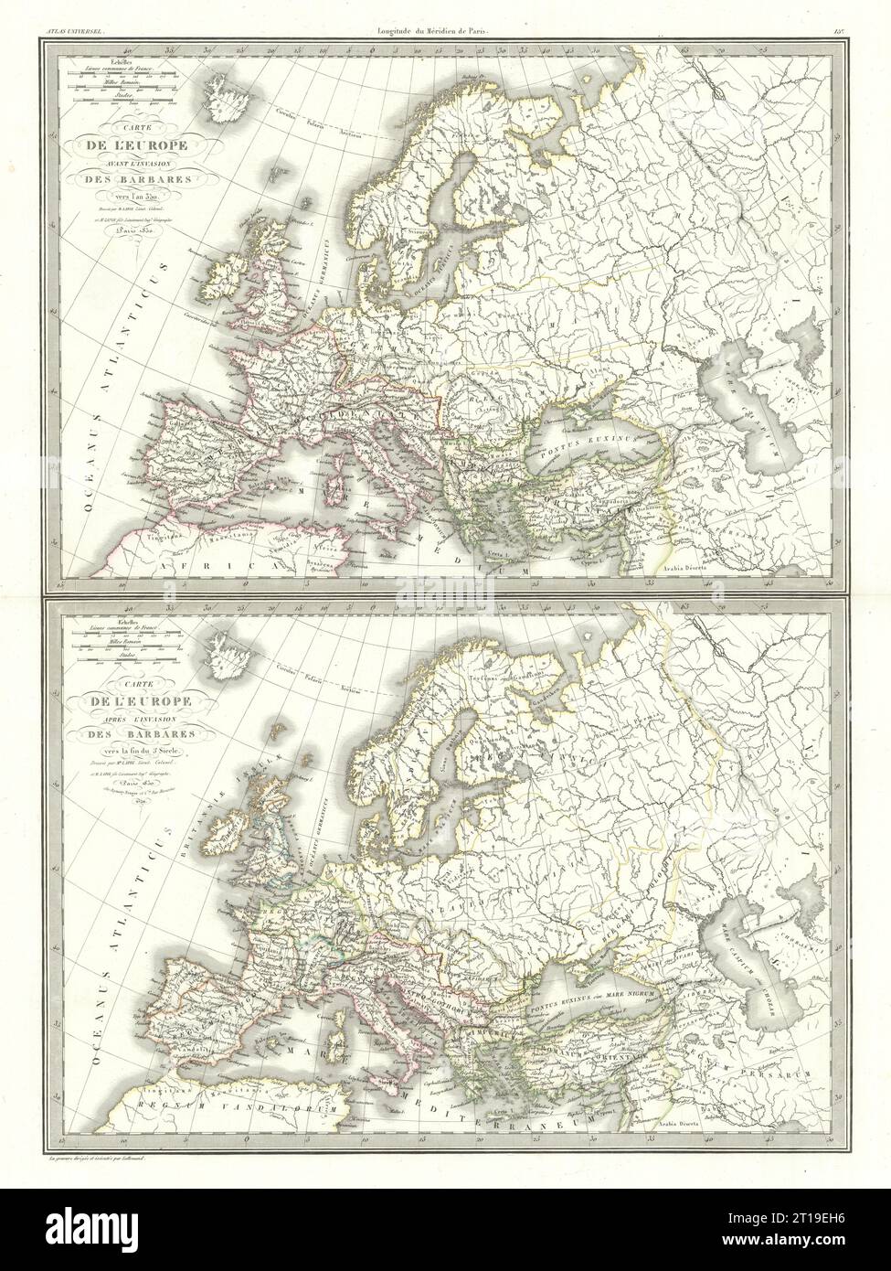 Carte de l'Europe… l'Invasion des barbarbarbares. Barbarische Invasionen. LAPIE 1830 MAP Stockfoto