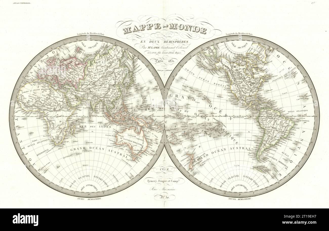 Mappemonde en deux hémisphères. Welthemisphären. LAPIE 1831 alt antik Stockfoto
