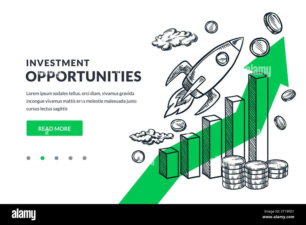 Raketen-, Geld-, Börsenstatistik-Diagramm. Konzept für Investitionen, Handel, Finanzen und Wachstum. Abbildung einer handgezeichneten Vektorskizze. Poster Banner Design t Stock Vektor