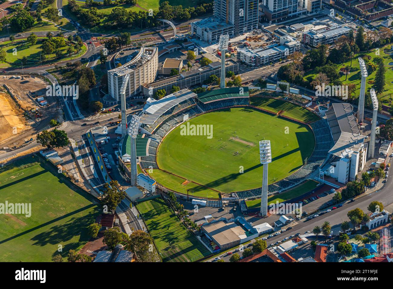 Ein Blick aus der Vogelperspektive auf das Gelände der Western Australia Cricket Association (WACA). Stockfoto