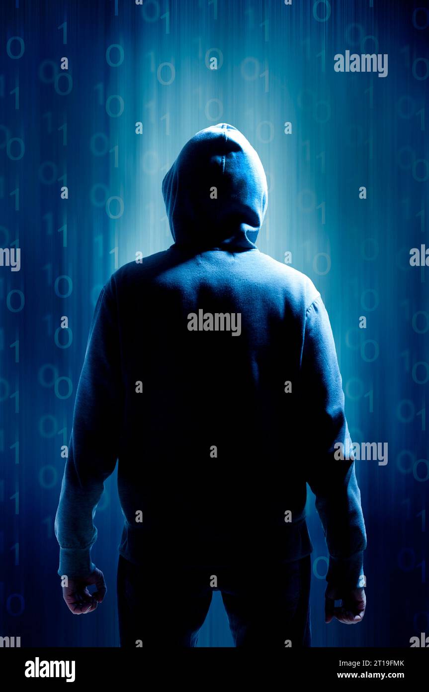 Hacker mit Haube, Cyberangriff und Ransomware-Konzept Stockfoto