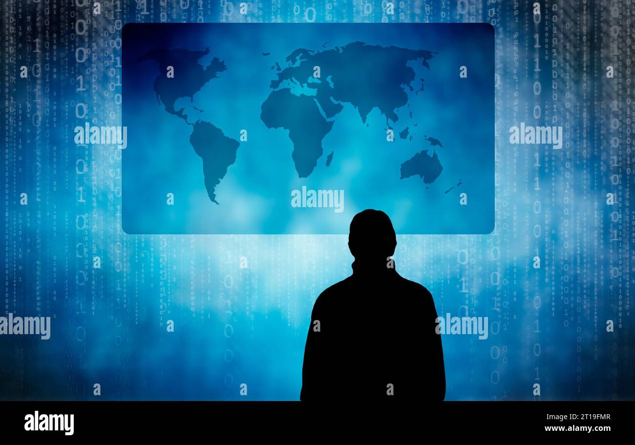 Mann vor einer Weltkarte und binären Ziffern, globales Sicherheitskonzept Stockfoto
