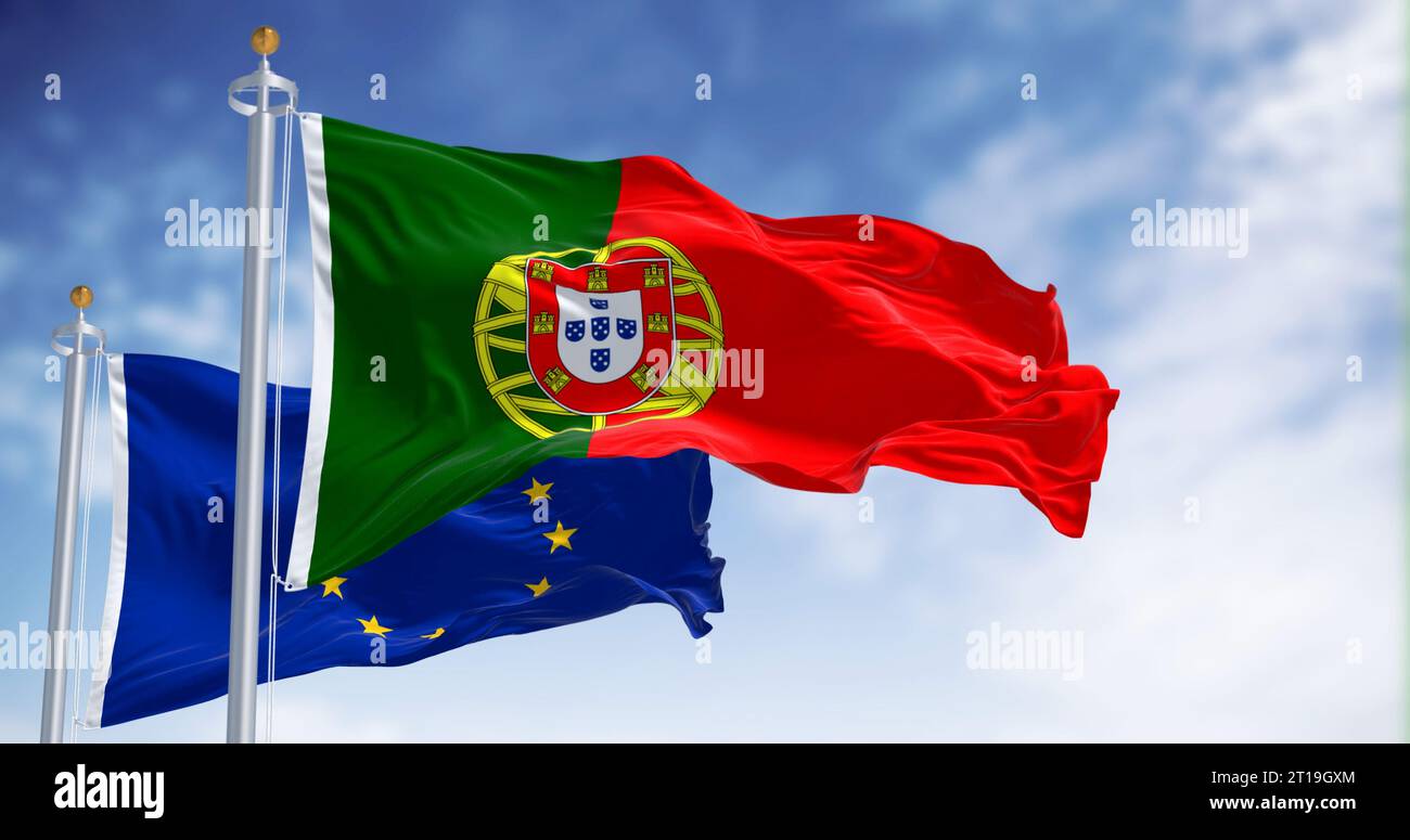 Flaggen Portugals, die an klaren Tagen mit Flaggen der Europäischen Union winken. Demokratie und Politik. Gewelltes Textil, 3D-Illustration. Selektiver Fokus Stockfoto