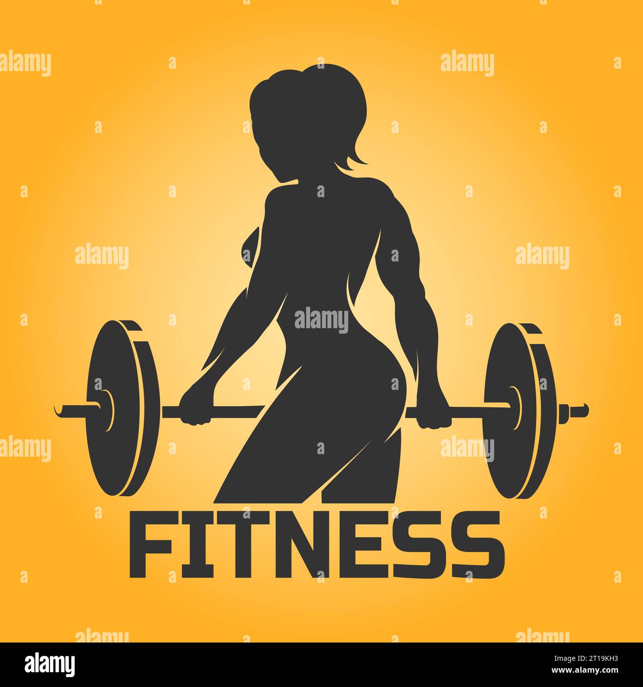 Emblem Des Fitnessklubs. Frauen-Workout mit Barbell isoliert auf gelbem Hintergrund. Vektorabbildung Stock Vektor