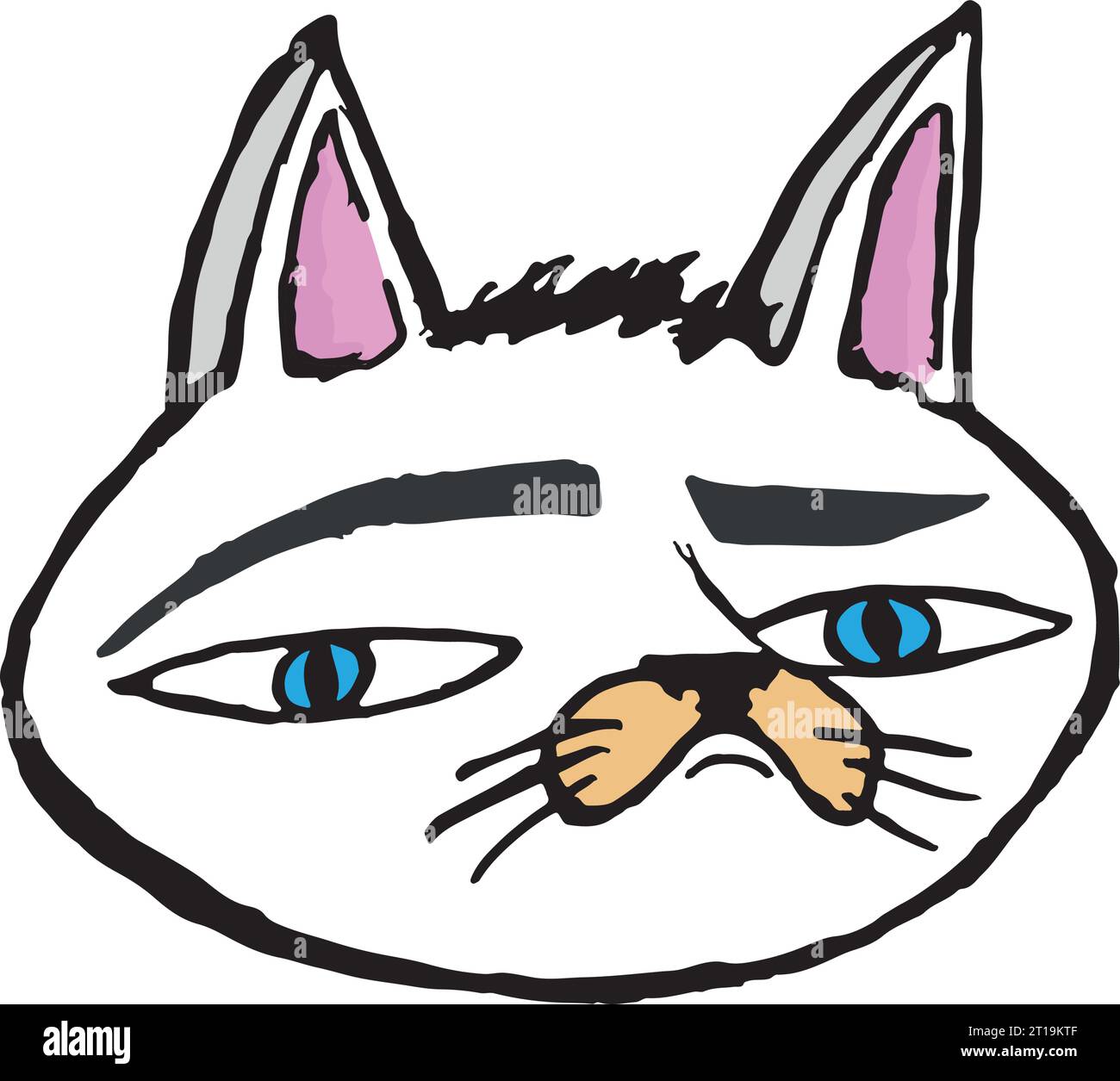 Weißer grummeliger Katzenkopf-Aufkleber mit farbigen Linien und blauen Augen trägt einen sarkastischen Ausdruck im Gesicht. Stock Vektor