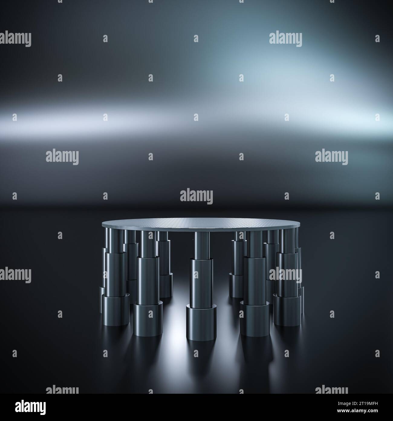 Metallpodium aus Zylindern mit Kohlefaserplattform. 3D-Rendering Stockfoto