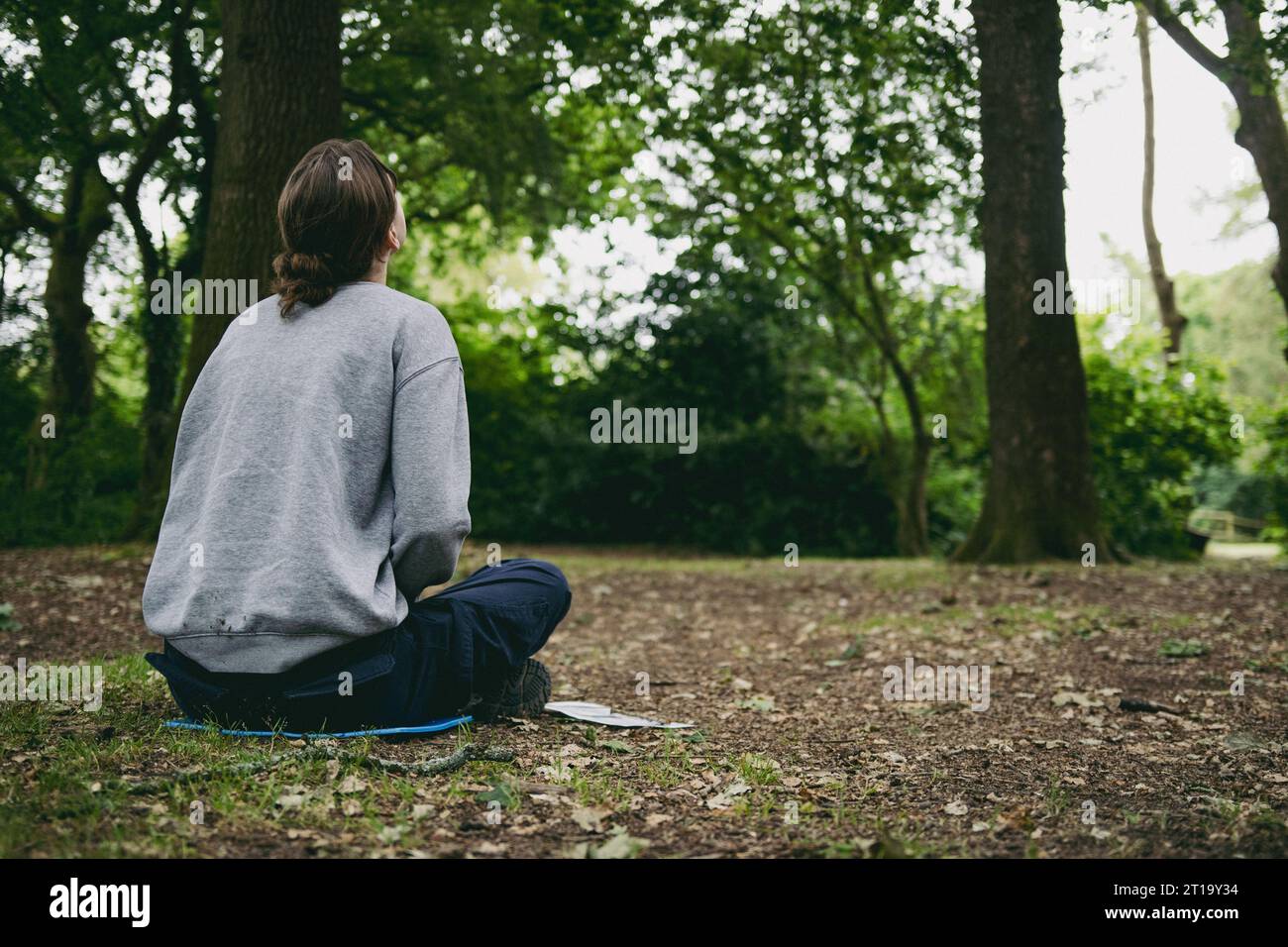 Rückansicht einer Frau, die in einem Wald sitzt Stockfoto